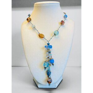 Treska Handcrafted Beaded Glass Necklace Blue & Amber Tones -25